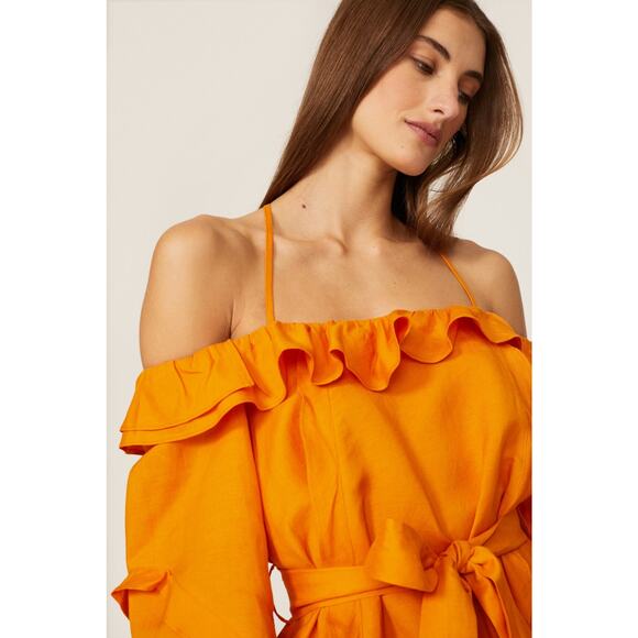 Marissa Webb Cold‎ Shoulder Dress Dress Orange Linen Blend Long Sleeve Sz 12 - Picture 3 of 15